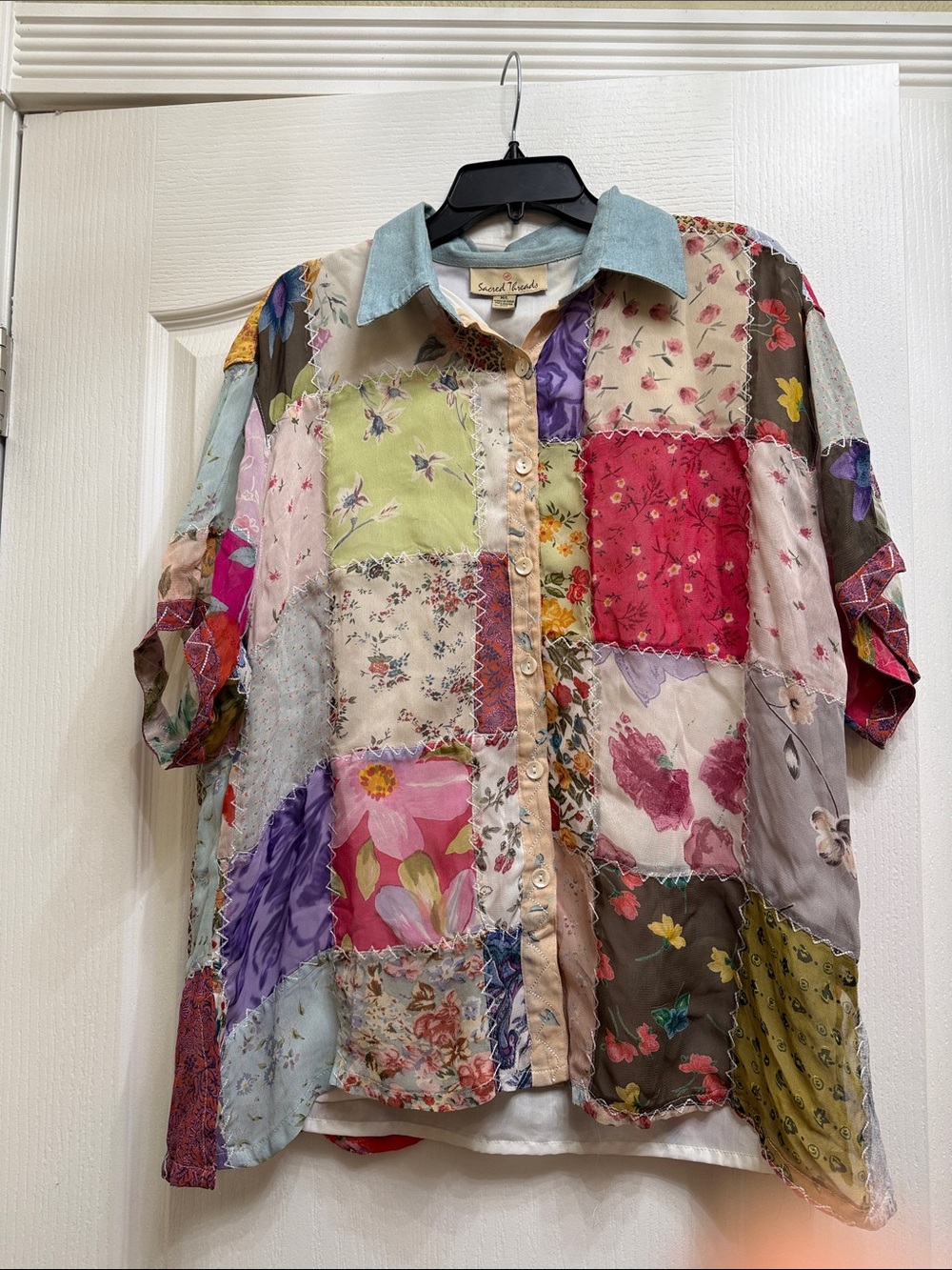 Sacred Threads Multicolor Patchwork Floral Button-Down Shirt